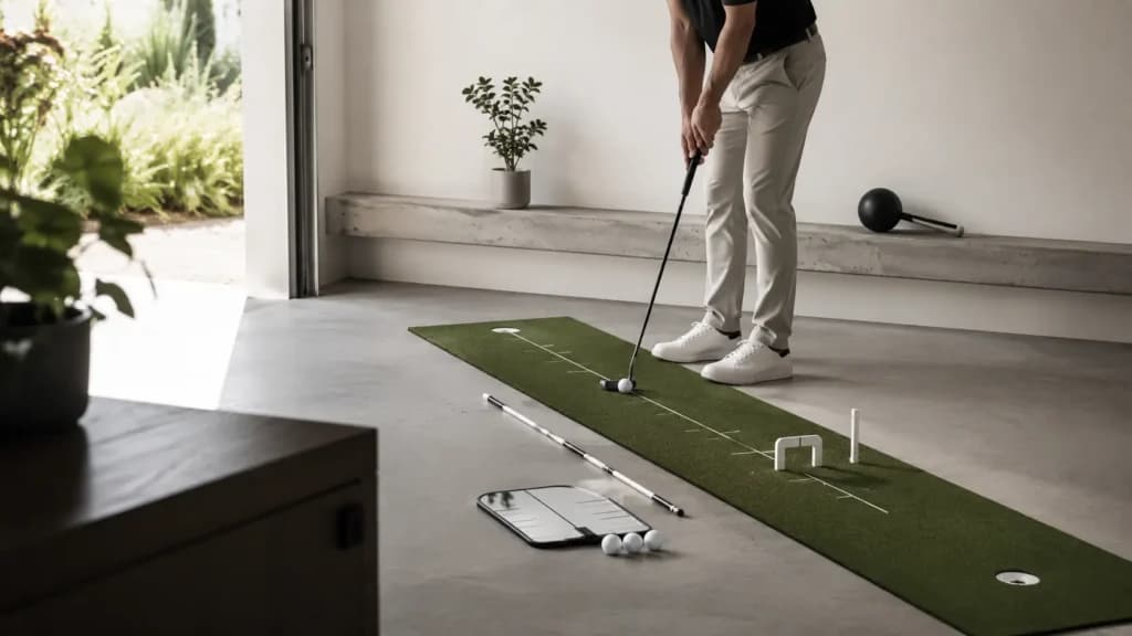Golfer practicing on an indoor putting mat with alignment sticks and a putting mirror